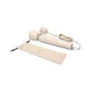 Le Wand Plug-In Vibrating Massager Cream with cord and storage pouch on a white background.