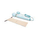 Le Wand Plug-In Vibrating Massager Sky Blue with attachment and storage pouch, showcasing its sleek and modern design.