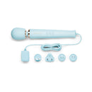 Le Wand Plug-In Vibrating Massager Sky Blue with accessories and cord.
