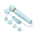 Le Wand Plug-In Vibrating Massager Sky Blue with power adapter and interchangeable plugs.