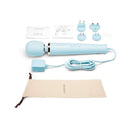 Le Wand Plug-In Vibrating Massager Sky Blue with accessories and pouch for versatile use.