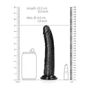 RealRock Slim Realistic Dildo With Suction Cup 8 Inch Black measurement image with length and diameter scale.