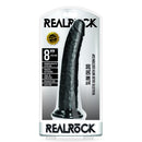 RealRock Slim Realistic Dildo With Suction Cup 8 Inch Black packaging showcasing its realistic design and suction feature.