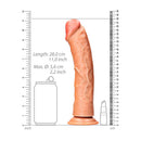 RealRock 10 Inch Curved Realistic Dildo Suction Cup Tan with measurements displayed for size reference.
