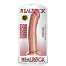RealRock 10 Inch Curved Realistic Dildo Suction Cup Tan in packaging with detailed design features.