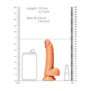RealRock 6 Inch Curved Realistic Dildo With Balls Tan size comparison next to a can and lipstick, showing dimensions.