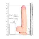 RealRock 10 Inch Straight Realistic Dildo With Balls Flesh displayed with dimensions for reference.