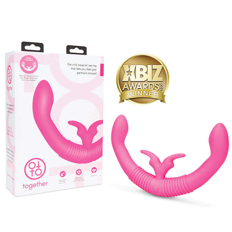 Together Couples Toy Dual Ended Rabbit Vibrator Pink with packaging and award.