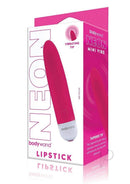 Bodywand Mini Lipstick Silicone Vibrator Neon Pink packaging with tapered tip and vibrant color.