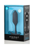 B-Vibe Snug Plug 2 Silicone Weighted Anal Plug Black in packaging, designed for extended wear and comfort.