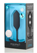 B-Vibe Snug Plug 3 Silicone Weighted Anal Plug Black in retail packaging showcasing features and design.