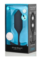 B-Vibe Snug Plug 4 Silicone Weighted Anal Plug Black in packaging, designed for extended wear and comfort.