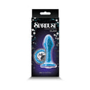 Stardust Glam Glass Plug With Gem Base Blue in packaging featuring a sparkling blue crystal and starry background.
