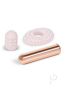 Le Wand Bullet Vibrator with Textured Sleeve Rose Gold and attachments, compact and luxurious design.