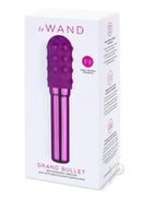 Le Wand Grand Bullet Rechargeable Silicone Vibrator Cherry in packaging showing product features and design.