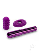 Le Wand Grand Bullet Rechargeable Silicone Vibrator Cherry with purple accessories on a white background