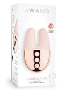 Le Wand Double Vibe Rechargeable Silicone Vibrator Rose Gold packaging with twin motor design.