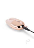 Le Wand Double Vibe Rechargeable Silicone Vibrator Rose Gold with charging cable and buttons visible.