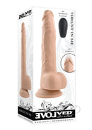 Thrust In Me Thrusting Vibrating Realistic Dong Vanilla product packaging with remote control and suction cup base.