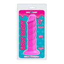 Rock Candy Suga Daddy 8 Inch Silicone Dildo Pink packaged with twisted shaft and suction cup base.