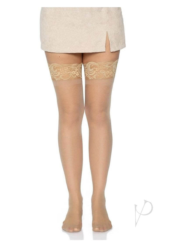 Leg Avenue Stay Up Lace Top Lycra Sheer Thigh High Nude worn with a short skirt, showcasing elegant lace tops.