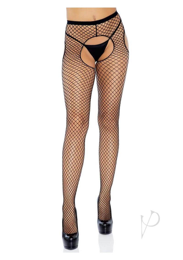 Leg Avenue Industrial Net Crotchless Garter Pantyhose Black showcasing a bold fishnet design with open crotch styling.
