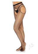 Leg Avenue Industrial Net Crotchless Garter Pantyhose Black showcasing bold fishnet design and open crotch style.
