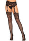 Leg Avenue Rhinestone Lace Top Fishnet Stockings OS Black displayed on a model, featuring floral lace and sparkling rhinestones.