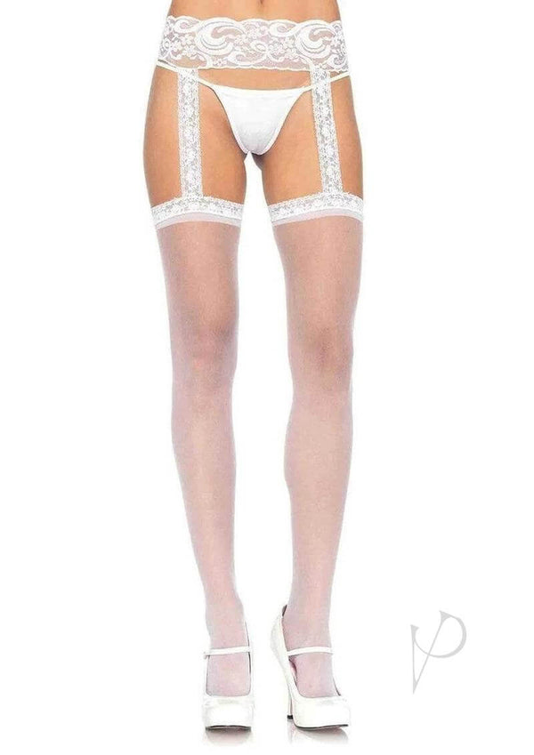 Leg Avenue Sheer Thi Hi with Lace Garter Belt OS White showcasing a seductive design with floral lace details.