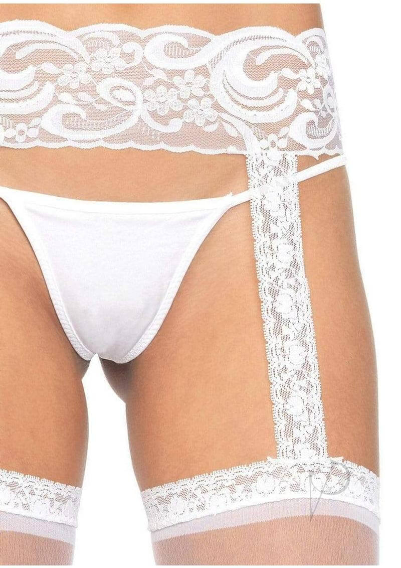 Leg Avenue Sheer Thi Hi with Lace Garter Belt OS White featuring a floral lace waistband and garter detail.