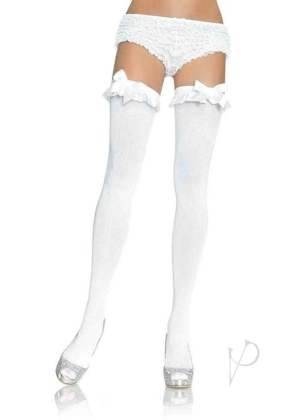 Leg Avenue Nylon Over The Knee with Ruffle Bow OS White, featuring ruffle bow detail, snug fit, and elegant design.