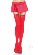 Red Kay Opaque Thigh Highs with Satin Bow by Leg Avenue, shown with a pleated mini skirt for a sexy and unforgettable look.