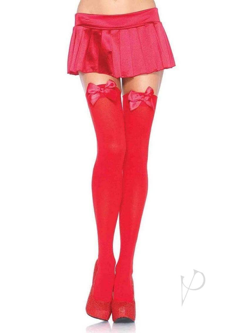 Red Kay Opaque Thigh Highs with Satin Bow by Leg Avenue, shown with a pleated mini skirt for a sexy and unforgettable look.