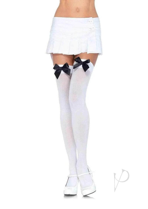 Leg Avenue Nylon Over The Knee with Bow OS White Black on model, showcasing chic thigh highs with satin bows.