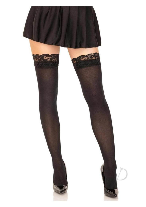 Leg Avenue black nylon stockings with lace top, styled for a sexy look under a short skirt.