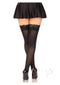 Leg Avenue nylon stockings with lace top in black, showcased with a flared skirt and high heels.