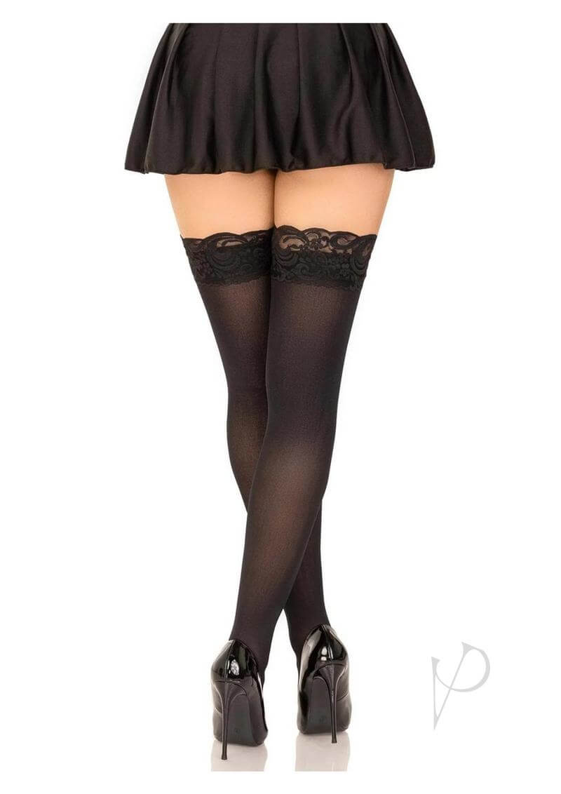 Leg Avenue nylon stockings with lace top in black, showcased with a flared skirt and high heels.