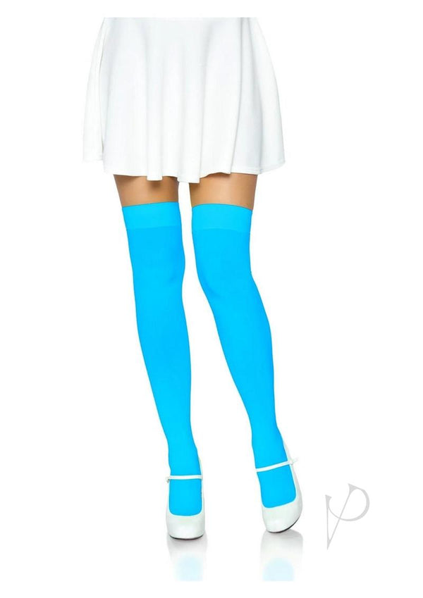 Leg Avenue OS Neon Blue over-the-knee nylon stockings with a white skirt and heels for a fashionable look.