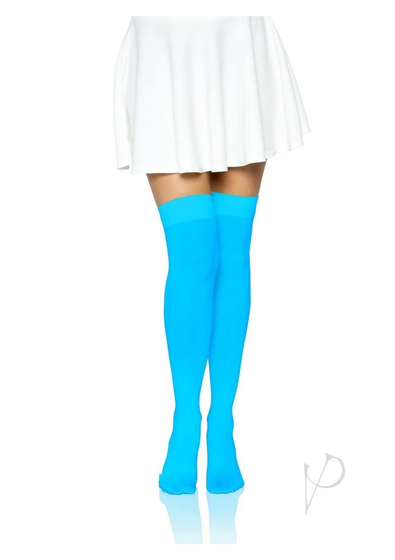 Leg Avenue Neon Blue Over The Knee Stockings paired with a white skirt for a bold and stylish look.