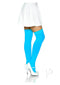 Model wearing Leg Avenue Neon Blue over the knee stockings with a white skirt and heels, showcasing bold, vibrant fashion.