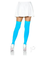 Leg Avenue Neon Blue over the knee stockings paired with a white skirt and high heels for a stylish look.