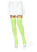 Leg Avenue Nylon Over The Knee Stockings Neon Green worn with a white skirt, highlighting playful fashion styling.