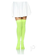 Leg Avenue Nylon Over The Knee Stockings Neon Green displayed with a white skirt, perfect for festivals or themed parties.