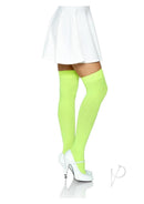 Leg Avenue Nylon Over The Knee Stockings Neon Green worn with a white skirt and white heels, showcasing vibrant color.