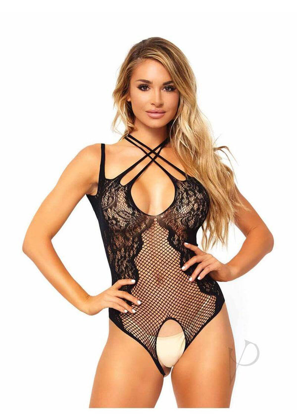 Leg Avenue Net and Lace Crotchless Teddy OS Black showcasing a sultry body-hugging design with lace and net fabric.