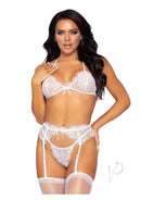 Leg Avenue Rhinestone Eyelash Lace Garter Set Small White displayed on a model, featuring eyelash lace and rhinestone accents.