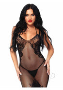 Leg Avenue Seamless Net and Lace Dual Strap Halter OS Black on model showcasing its seductive design.