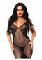 Leg Avenue Seamless Net and Lace Dual Strap Halter OS Black on model showcasing its seductive design.