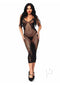 Leg Avenue Seamless Net and Lace Dual Strap Halter OS Black worn by a model, showcasing its seductive design and fit.
