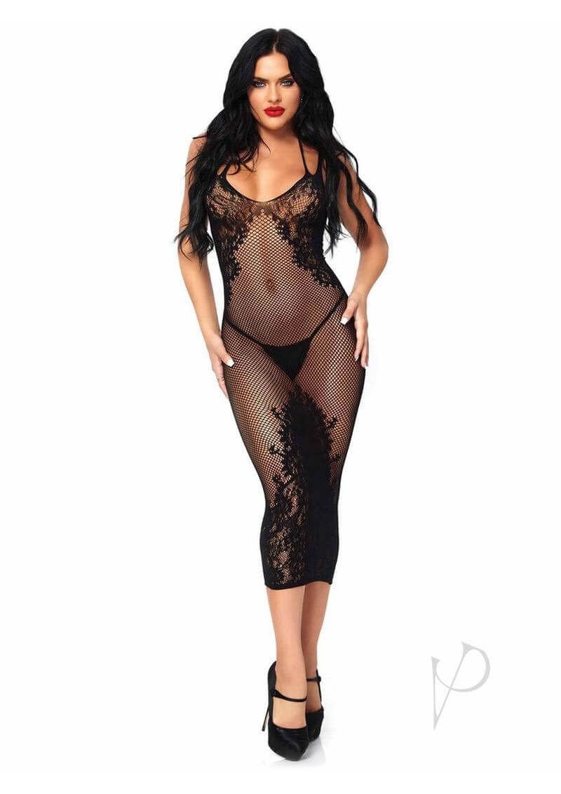 Leg Avenue Seamless Net and Lace Dual Strap Halter OS Black worn by a model, showcasing its seductive design and fit.